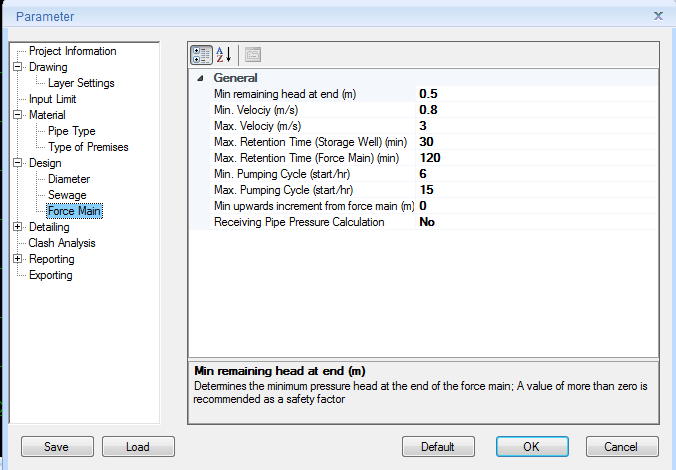 Figure 3: The Force main parameters